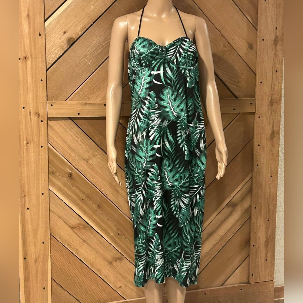 SHEIN Green Leafy Design Halter Dress